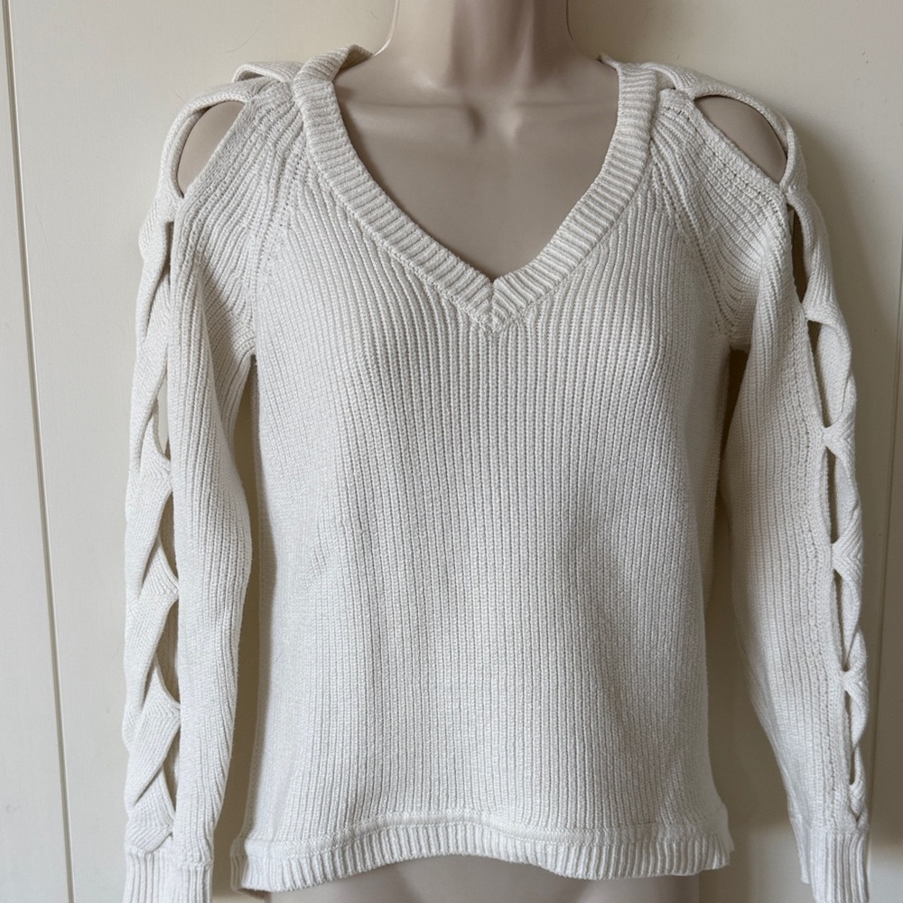 Milly White Cotton Cut Out Sleeve Cold Shoulder V Neck Sweater P